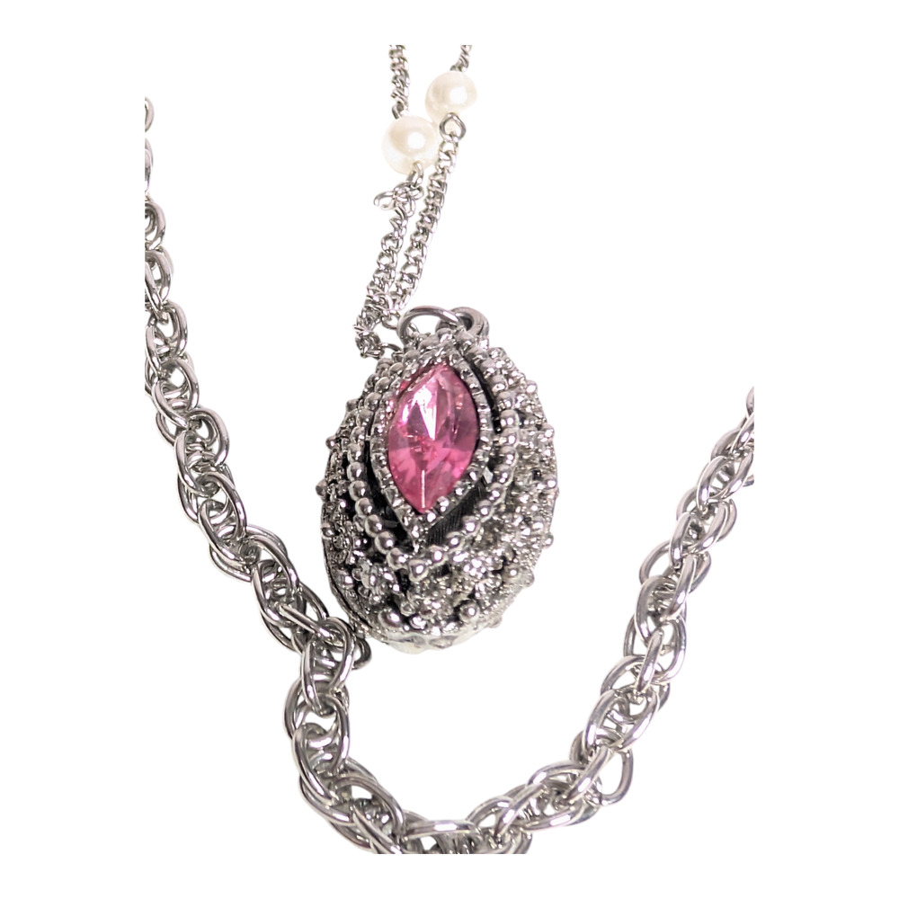 Vintage Style Layered Necklace Pink Rhinestone Marquise Pendant‎ Pearl Accents - Picture 9 of 9